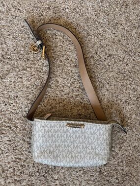 Michael Kors Light Beige Logo Canvas Crossbody Bag with Gold Hardware